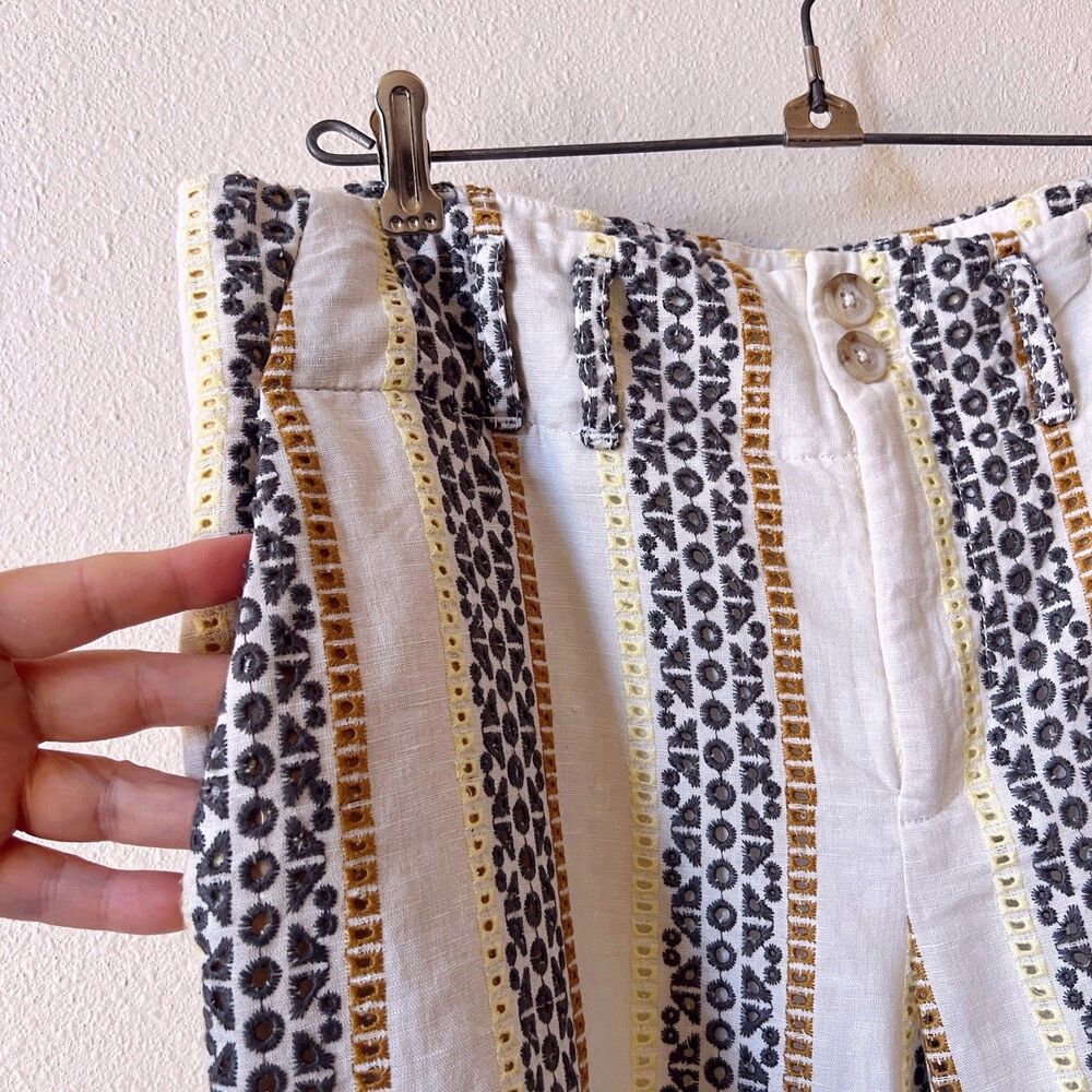 Anthropologie Eyelet Pants 8 Linen Cotton Striped Wide Leg Trousers Boho White - Picture 4 of 8